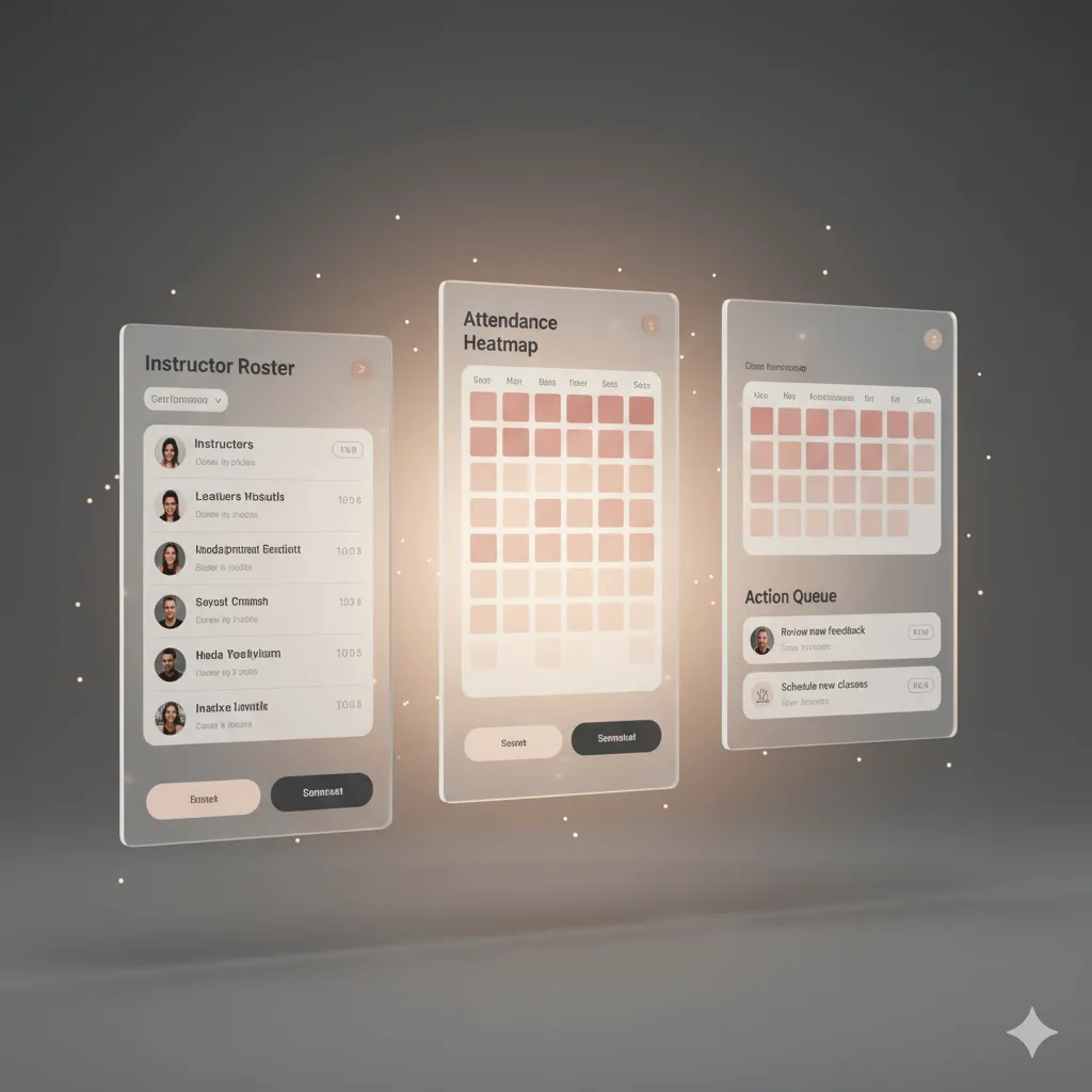 Triple panel interface with instructor roster, attendance heatmap, and action queue